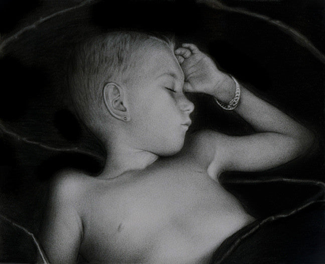 A Seamus Conley graphite on paper drawing shows a short-haired child with earrings and a bracelet, sleeping peacefully on their side. The dark background from the Andrea Schwartz Gallery highlights the childs serene expression.