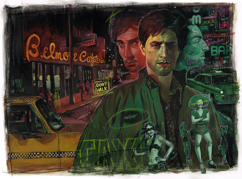 Serge Gay Jr.s stylized illustration shows a man in a green jacket on a nighttime city street filled with neon signs, taxis, and nightlife. The vibrant figures and the Dont Walk sign enhance the gritty atmosphere of this Scorsese-inspired art scene for The Film Foundation.
