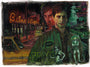 Serge Gay Jr.s stylized illustration shows a man in a green jacket on a nighttime city street filled with neon signs, taxis, and nightlife. The vibrant figures and the Dont Walk sign enhance the gritty atmosphere of this Scorsese-inspired art scene for The Film Foundation.