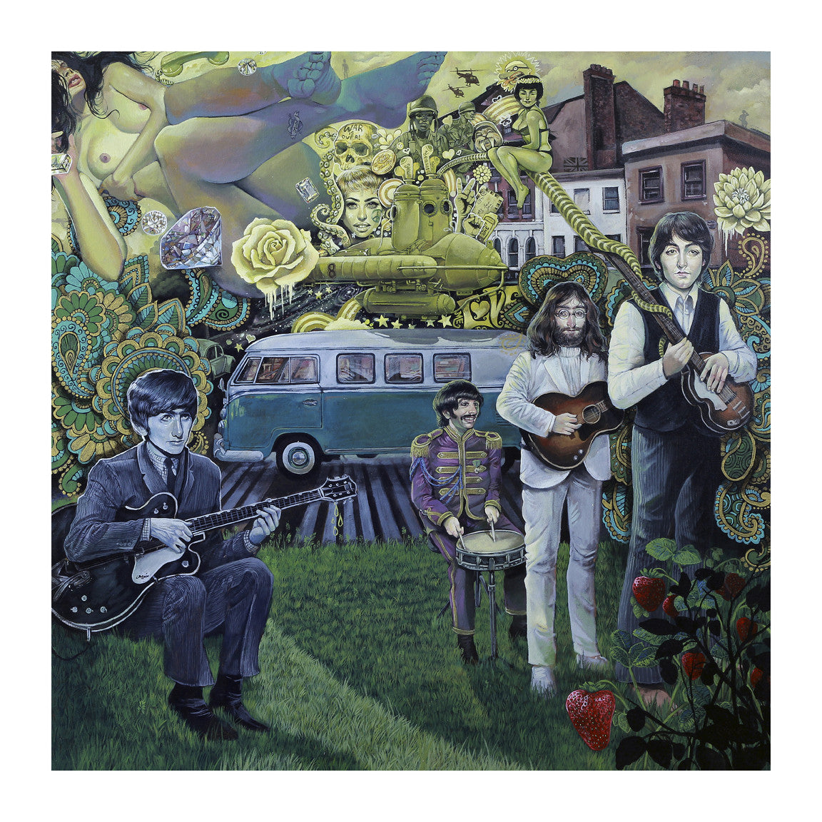 Serge Gay Jr.s surreal collage features four men with instruments in a grassy field, surrounded by a vintage van, tank, ornate patterns, and strawberries. This fine art giclée print is vibrant and psychedelic, evoking the 1960s counterculture.