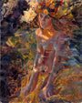 A serene woman adorned with a wreath of colorful flowers sits among foliage. The Sergio Lopez artwork beautifully blends her into the natural surroundings using warm tones and vivid colors.