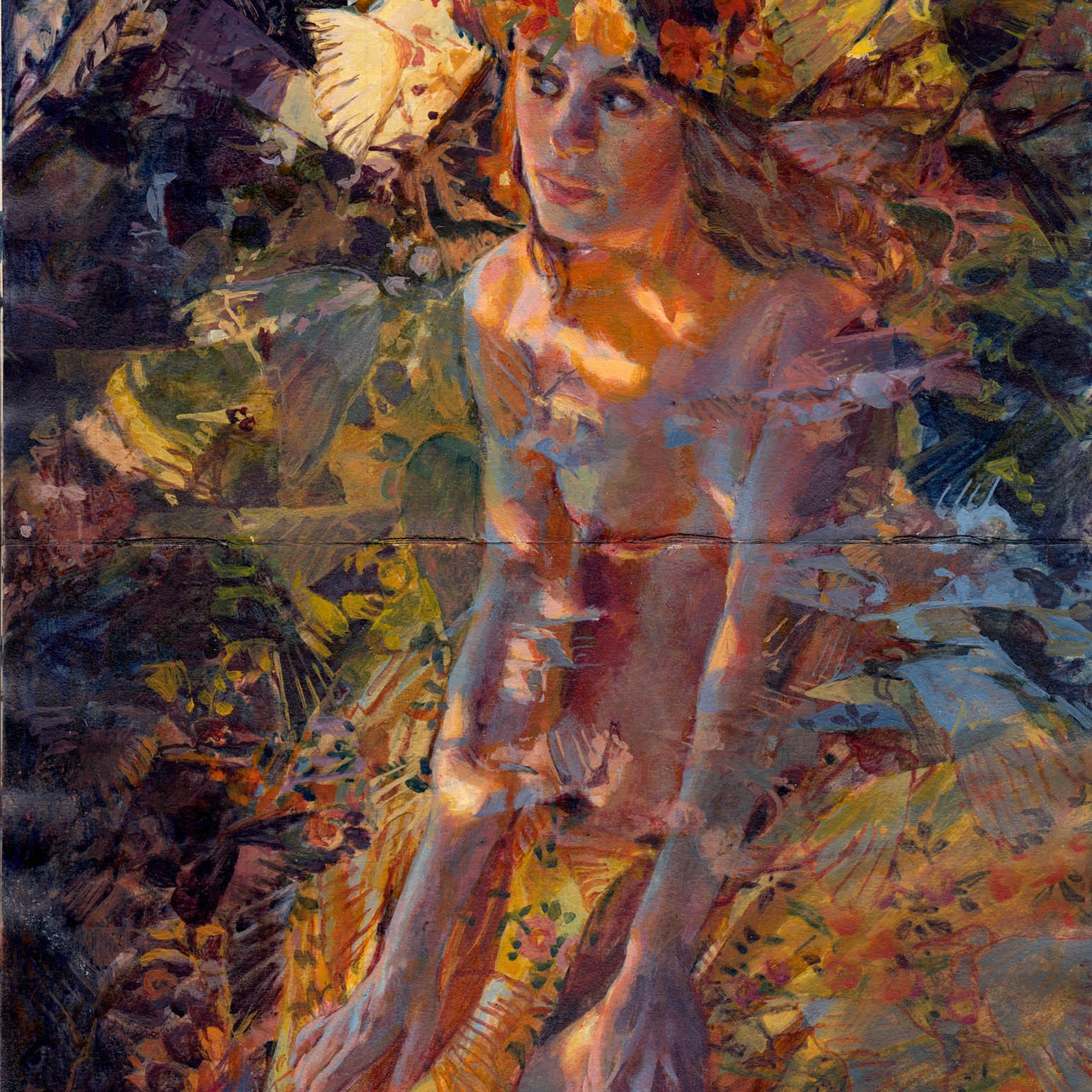 A serene woman adorned with a wreath of colorful flowers sits among foliage. The Sergio Lopez artwork beautifully blends her into the natural surroundings using warm tones and vivid colors.