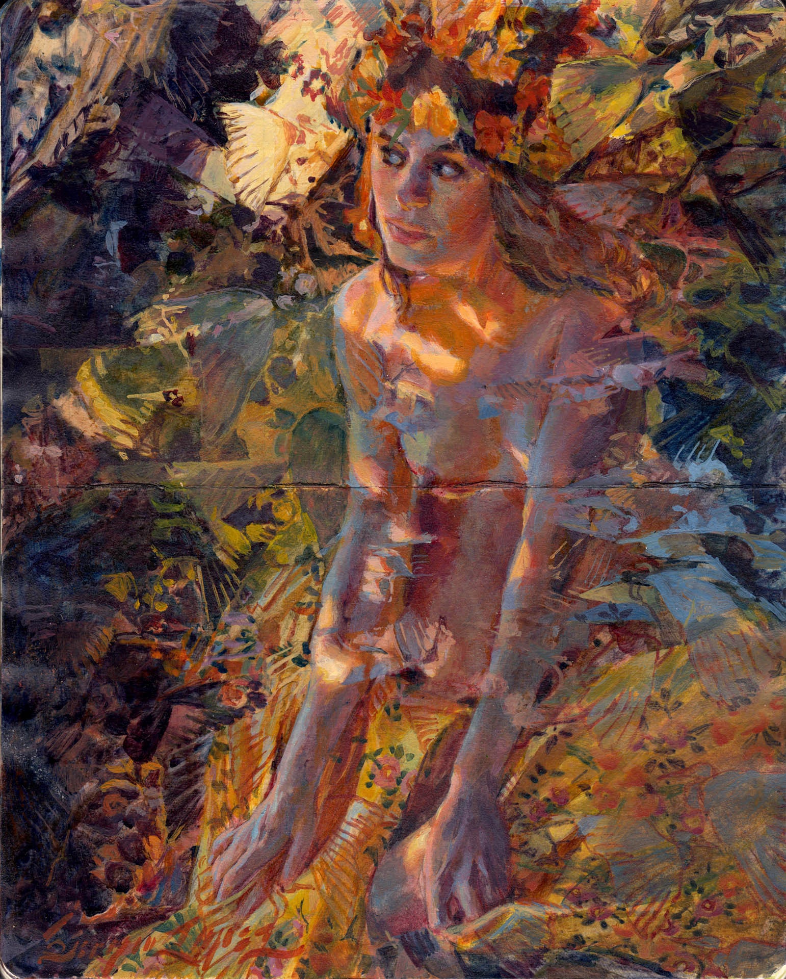 A serene woman adorned with a wreath of colorful flowers sits among foliage. The Sergio Lopez artwork beautifully blends her into the natural surroundings using warm tones and vivid colors.