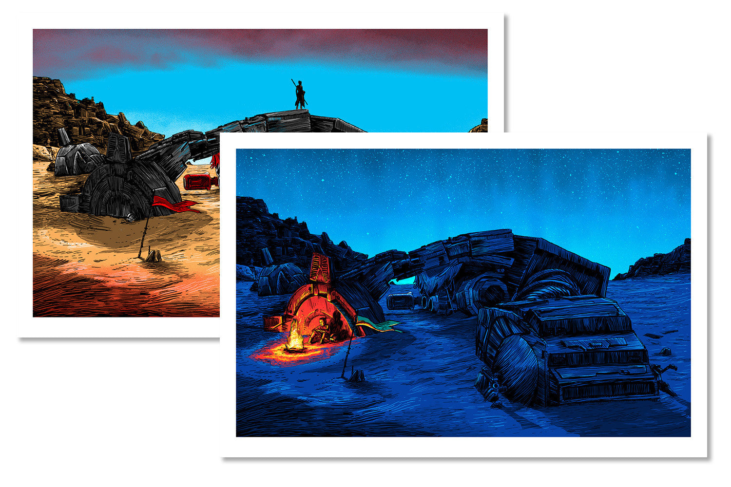 Part of Tim Doyles UnReal Estate series, this limited edition print showcases two captivating scenes: an individual standing on a crashed spaceship at sunset above, and below, the ship illuminated by a glowing campfire at night.