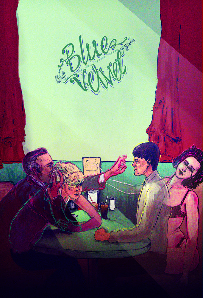 A Shaun Lynch piece shows four people at a table under dim lighting, capturing a fine art mood. A man points at another while a woman rests her head on her hand, and another woman is partially off-screen. Blue Velvet floats above, invoking giclee print quality.