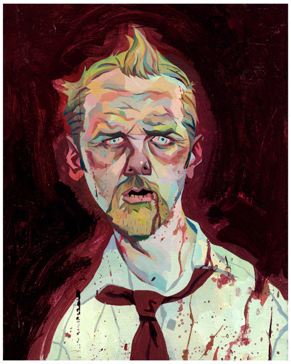 A stylized illustration of a person with light hair and a goatee in a white shirt and red tie against an intense dark red, expressionistic background is available as a Rich Pellegrino giclee fine art print for the Black Friday exclusive collection.