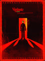 A figure in a doorway is backlit with dramatic red and black tones. Vigilante is defined above. This Silent Giants fine art giclee print creates an intense, moody atmosphere with long forward shadows, expertly blending light and mystery.