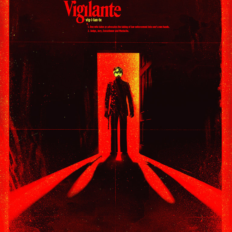 A figure in a doorway is backlit with dramatic red and black tones. Vigilante is defined above. This Silent Giants fine art giclee print creates an intense, moody atmosphere with long forward shadows, expertly blending light and mystery.