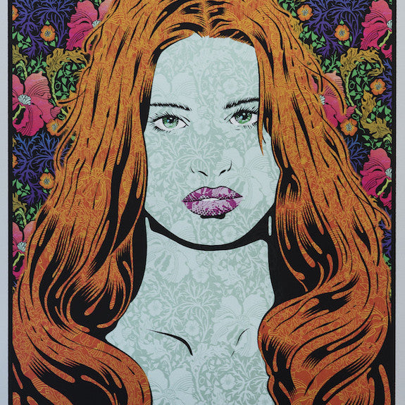 This Chuck Sperry illustration features a woman with long, flowing orange hair set against a vivid floral and leaf patterned background. Intricate detailing and floral motifs adorn her face, adding texture and depth to the silver variant design.