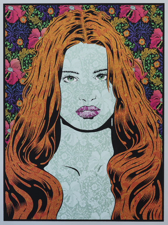 This Chuck Sperry illustration features a woman with long, flowing orange hair set against a vivid floral and leaf patterned background. Intricate detailing and floral motifs adorn her face, adding texture and depth to the silver variant design.