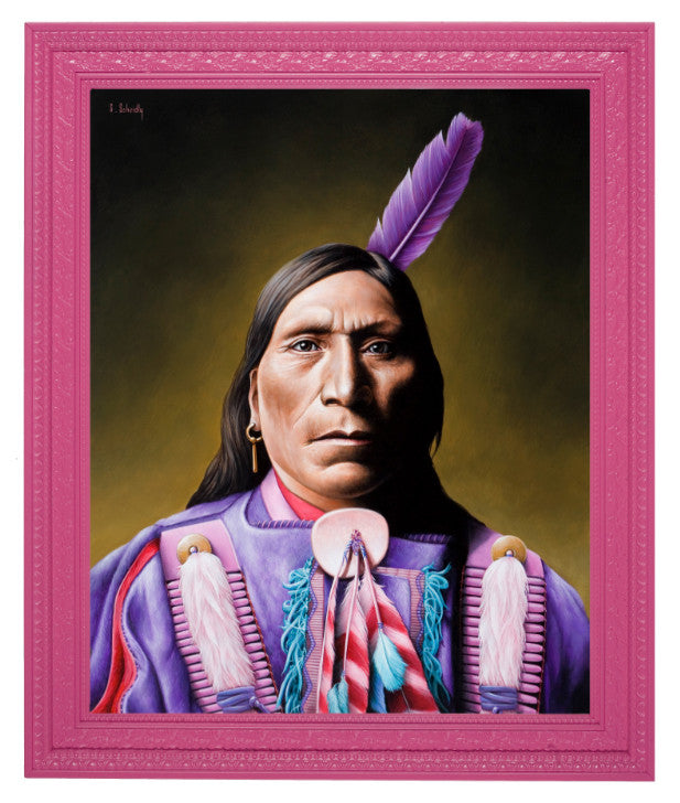 In Scott Scheidlys style, a portrait features a man in Indigenous attire with purple, blue, and red accents. A feather adorns his head, framed in bright pink. Set against a dark background, his serious expression complements the vibrant essence of The Pinks.