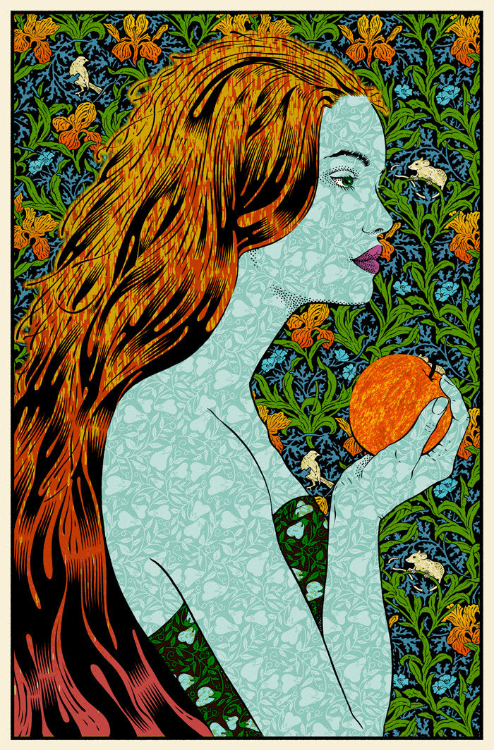 A woman with long, red hair holds an orange in profile. Her pale blue skin features floral patterns reflecting Chuck Sperrys intricate style, set against a green and orange botanical background reminiscent of screen print techniques.