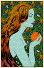A woman with long, red hair holds an orange in profile. Her pale blue skin features floral patterns reflecting Chuck Sperrys intricate style, set against a green and orange botanical background reminiscent of screen print techniques.