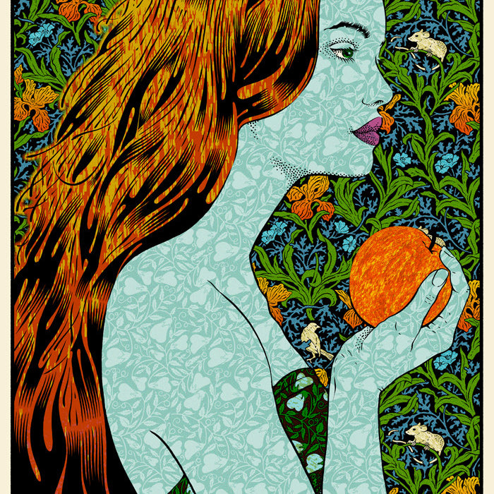 A woman with long, red hair holds an orange in profile. Her pale blue skin features floral patterns reflecting Chuck Sperrys intricate style, set against a green and orange botanical background reminiscent of screen print techniques.