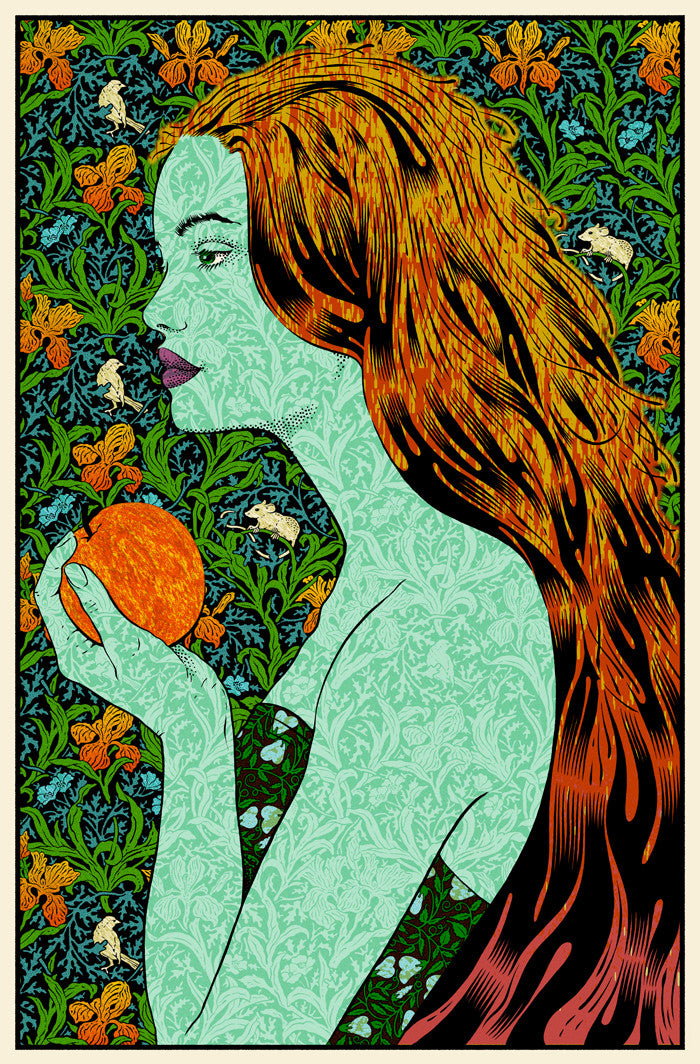 A Chuck Sperry-inspired illustration features a green-skinned woman with long, flowing hair and intricate patterns holding an apple. The background is vibrant with detailed floral and leaf motifs, perfectly capturing the essence of a masterful screen print in Helikon’s style.