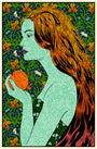 A Chuck Sperry-inspired illustration features a green-skinned woman with long, flowing hair and intricate patterns holding an apple. The background is vibrant with detailed floral and leaf motifs, perfectly capturing the essence of a masterful screen print in Helikon’s style.