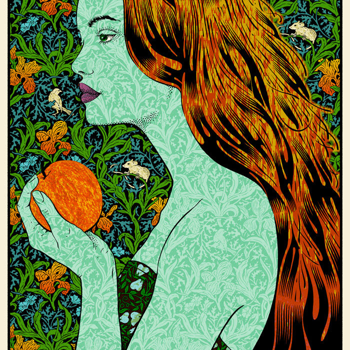 A Chuck Sperry-inspired illustration features a green-skinned woman with long, flowing hair and intricate patterns holding an apple. The background is vibrant with detailed floral and leaf motifs, perfectly capturing the essence of a masterful screen print in Helikon’s style.