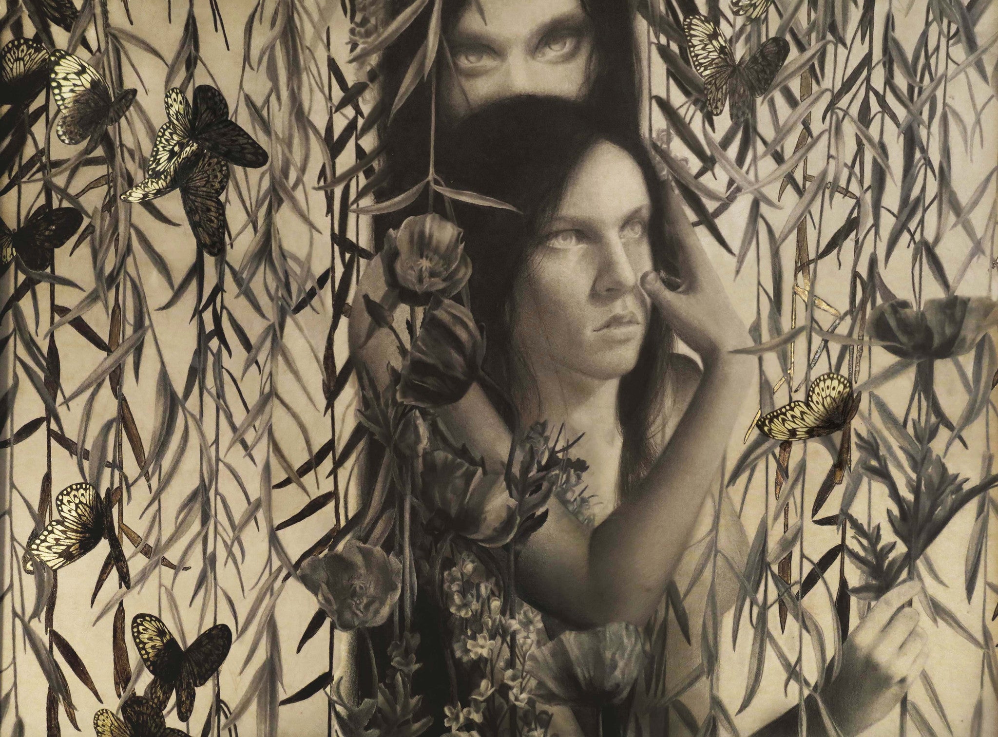 An Alessandra Maria grayscale painting depicts a woman with her sister among foliage and flowers, butterflies with subtle yellow highlights resembling delicate gold leaf fluttering around. The womans contemplative expression is framed by another face above, partially obscured by leaves.