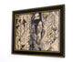 A framed artwork by Alessandra Maria showcases a woman amid foliage and butterflies, with a sisters face subtly in the background. It features a monochrome palette accented with colorful butterflies, set in a black frame adorned with elegant gold leaf.
