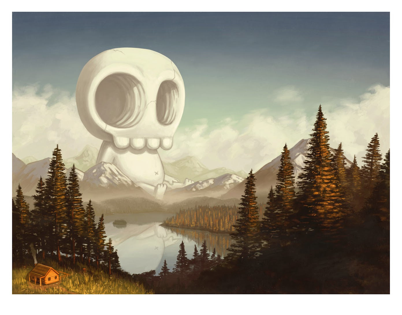 A surreal scene featuring mountains, a lake, pine trees, and a skull-shaped cloud with a small cabin in the foreground—a vision akin to Mike Mitchells artwork at the Supersonic Invitational.