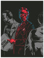 Smithes signed and numbered screen print depicts three figures in patterned suits, reminiscent of They Live, each with skull-like faces. The central figure, in red and blue, points to another holding a STAY ASLEEP newspaper.
