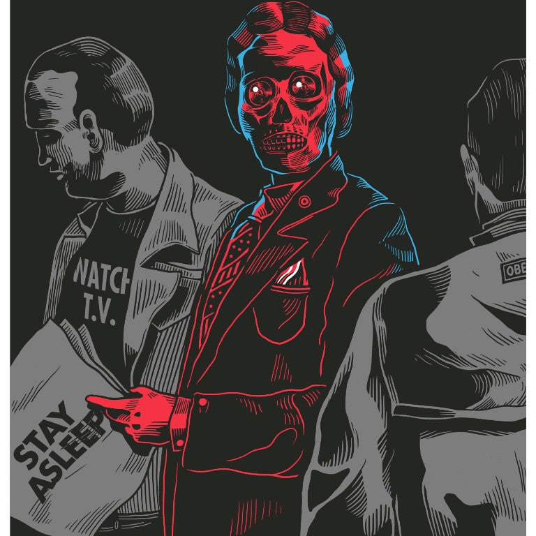 Smithes signed and numbered screen print depicts three figures in patterned suits, reminiscent of They Live, each with skull-like faces. The central figure, in red and blue, points to another holding a STAY ASLEEP newspaper.