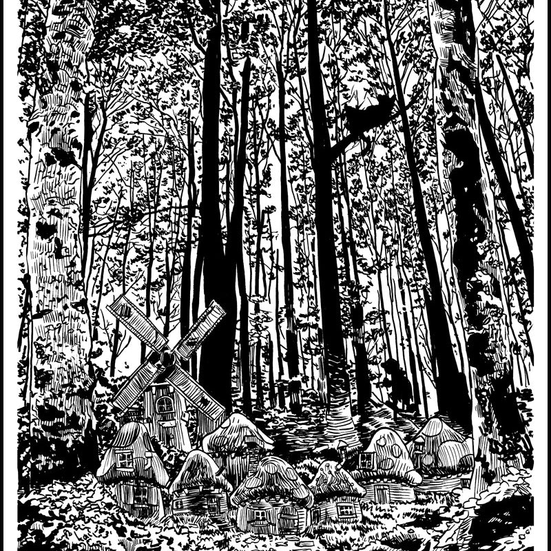 Tim Doyles 16 x 20 original pen and ink illustration depicts a dense forest encircling a quaint village, with straw-roofed huts and a windmill illuminated by sunlight filtering through the canopy.