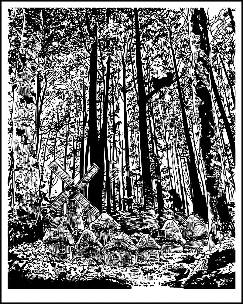 Tim Doyles 16 x 20 original pen and ink illustration depicts a dense forest encircling a quaint village, with straw-roofed huts and a windmill illuminated by sunlight filtering through the canopy.