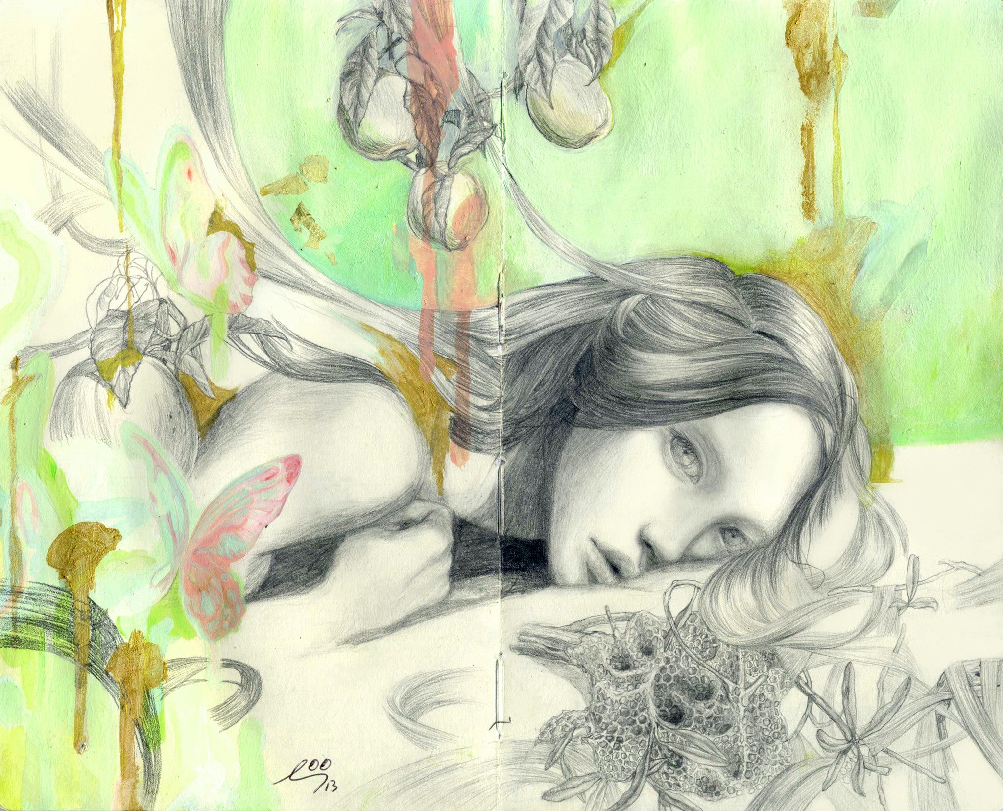 A pencil-drawn woman by So Youn Lee rests her head on her arm, surrounded by butterflies, fruits, and abstract shapes. She has a serene, introspective expression against a vibrant green and yellow watercolor background.