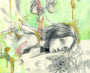 A pencil-drawn woman by So Youn Lee rests her head on her arm, surrounded by butterflies, fruits, and abstract shapes. She has a serene, introspective expression against a vibrant green and yellow watercolor background.