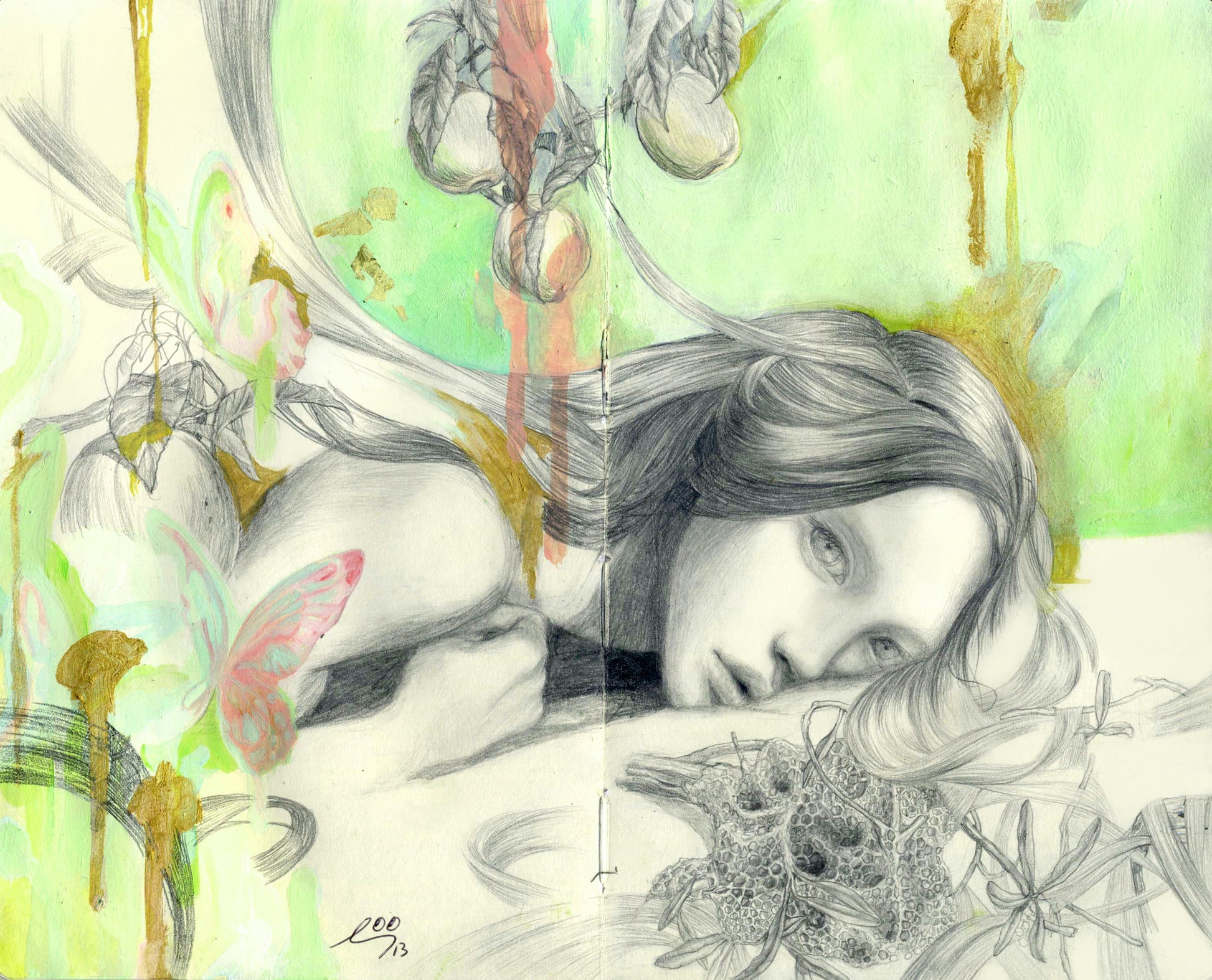 A pencil-drawn woman by So Youn Lee rests her head on her arm, surrounded by butterflies, fruits, and abstract shapes. She has a serene, introspective expression against a vibrant green and yellow watercolor background.