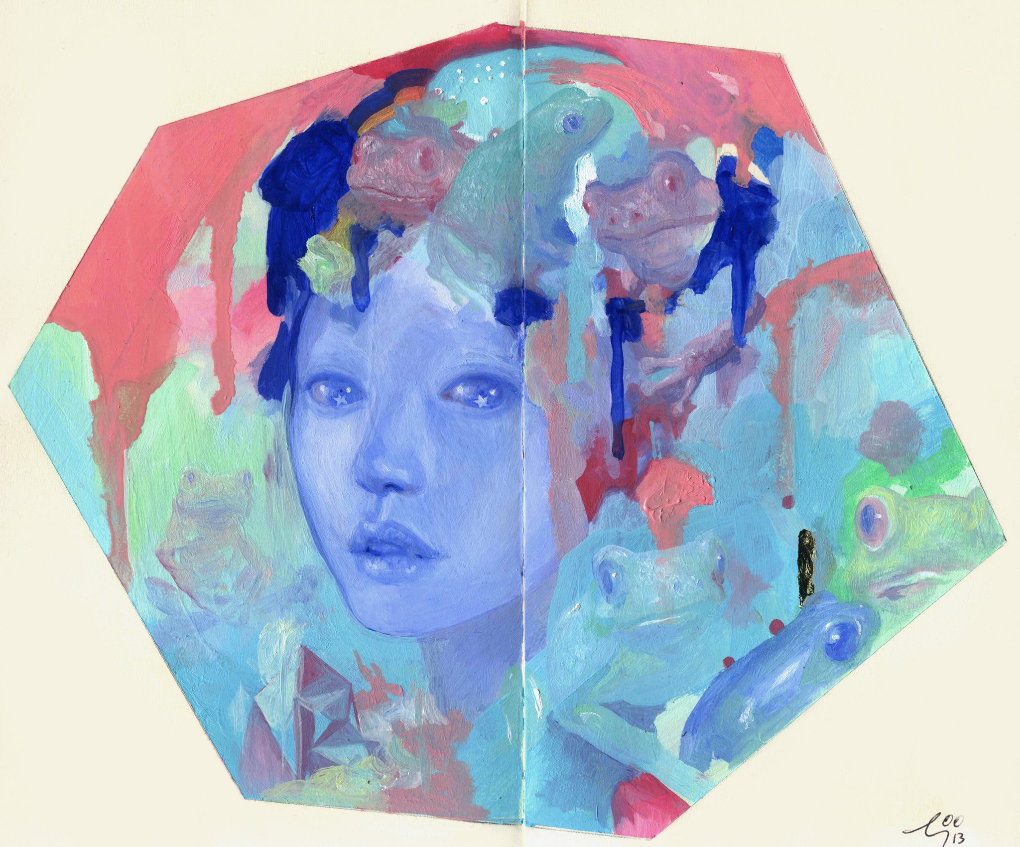 An abstract painting by So Youn Lee features a blue-faced person encircled by colorful, frog-like creatures. The Moleskine artwork blends pinks, blues, and greens, crafting a dreamlike atmosphere with starry mixed media influences.