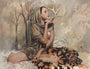 A woman in a headscarf sits cross-legged, holding a deer antler near her face. The backdrop of bare trees and a leaf-patterned blanket evokes Soey Milks style, giving this work of art an ethereal oil on canvas feel.