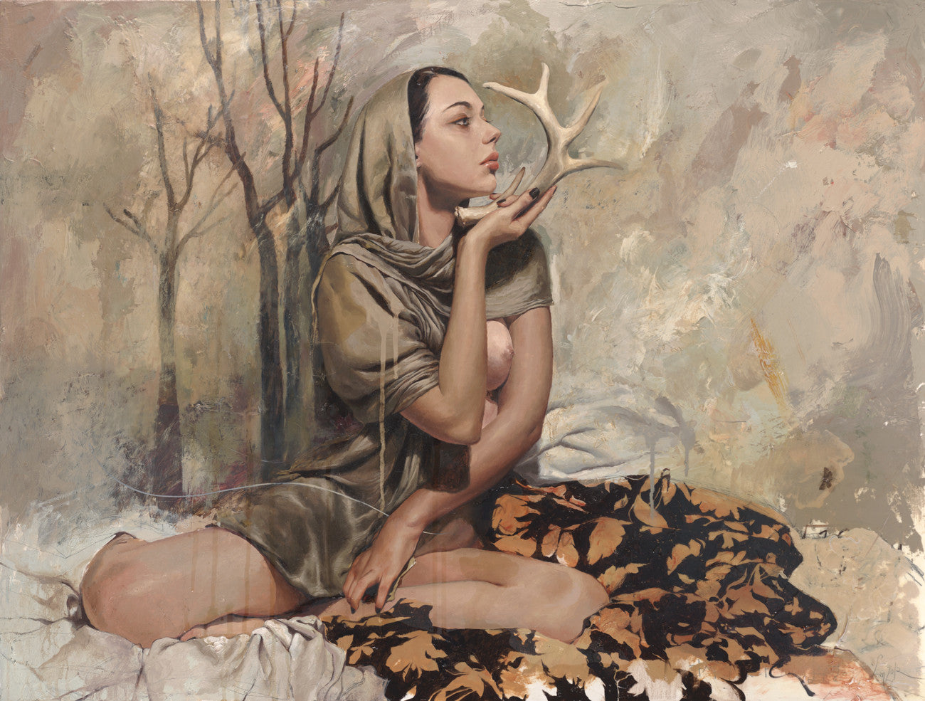 A woman in a headscarf sits cross-legged, holding a deer antler near her face. The backdrop of bare trees and a leaf-patterned blanket evokes Soey Milks style, giving this work of art an ethereal oil on canvas feel.