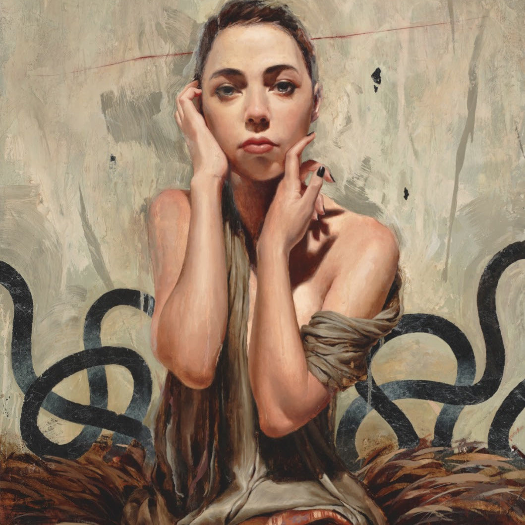 At Spoke Art Gallery, a Soey Milk painting captures a contemplative woman with her head resting on her hand. She is enveloped in dark, abstract tentacle shapes on an oil and silver leaf canvas while wearing a draped garment, creating a surreal atmosphere.