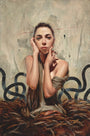 At Spoke Art Gallery, a Soey Milk painting captures a contemplative woman with her head resting on her hand. She is enveloped in dark, abstract tentacle shapes on an oil and silver leaf canvas while wearing a draped garment, creating a surreal atmosphere.