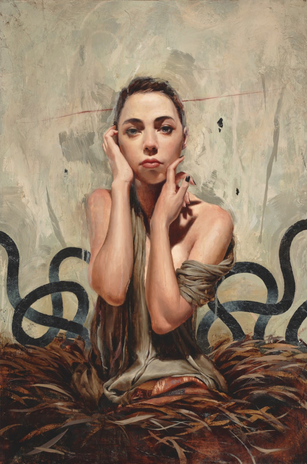 At Spoke Art Gallery, a Soey Milk painting captures a contemplative woman with her head resting on her hand. She is enveloped in dark, abstract tentacle shapes on an oil and silver leaf canvas while wearing a draped garment, creating a surreal atmosphere.