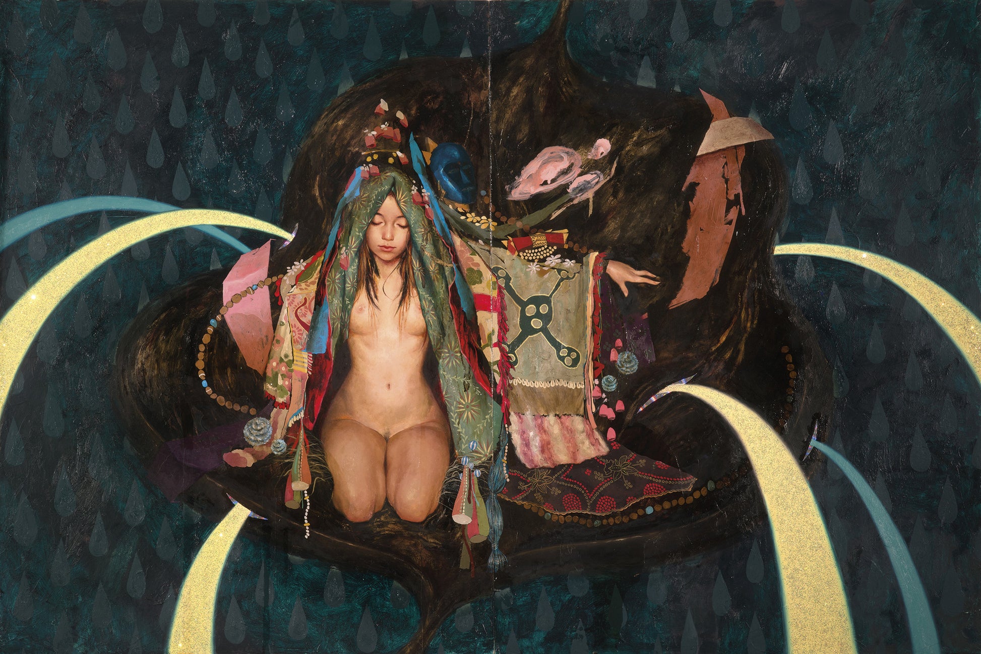 A nude figure kneels, eyes shut, draped in vibrant textiles amidst abstract patterns and swirls. Set against a dark background with teardrop shapes, the surreal scene reflects the ethereal style of Soey Milk.