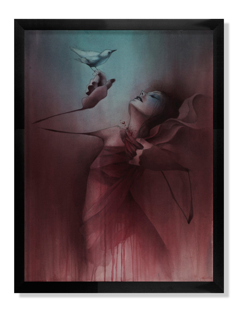 This limited edition Craww painting showcases a figure with long arms and closed eyes, draped in flowing fabric while holding a bird aloft. The dreamy background blends blue and purple hues. Its an archival pigment print elegantly framed in black.