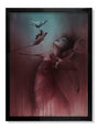 This limited edition Craww painting showcases a figure with long arms and closed eyes, draped in flowing fabric while holding a bird aloft. The dreamy background blends blue and purple hues. Its an archival pigment print elegantly framed in black.