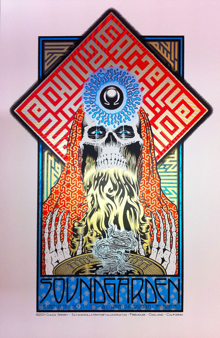 Psychedelic concert poster by Chuck Sperry, featuring a stylized skull with red hair and a frontal eye, surrounded by intricate red, black, and blue geometric patterns. Celebrates Soundgarden at Bill Graham Civic Auditorium with Soundgarden prominently displayed.