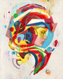 A colorful abstract portrait in Erik Jones style showcases a profile with bold geometric shapes and vibrant hues like red, blue, yellow, and green, creating a dynamic composition reminiscent of watercolor techniques.