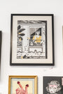 Monica Garwoods framed artwork features a person with dark hair and a yellow shirt, gazing through an ornate window with vibrant plants. This black and white illustration is reminiscent of Amelie Sur le Fil and is displayed with other striking pieces.