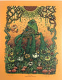 A Marq Spusta-inspired illustration showcases a whimsical, multi-eyed frog-like creature standing amidst plants. Its surrounded by mushrooms, flowers, and vines, while a bird flies nearby against a detailed orange backdrop—ideal for screen print enthusiasts looking for custom framing.