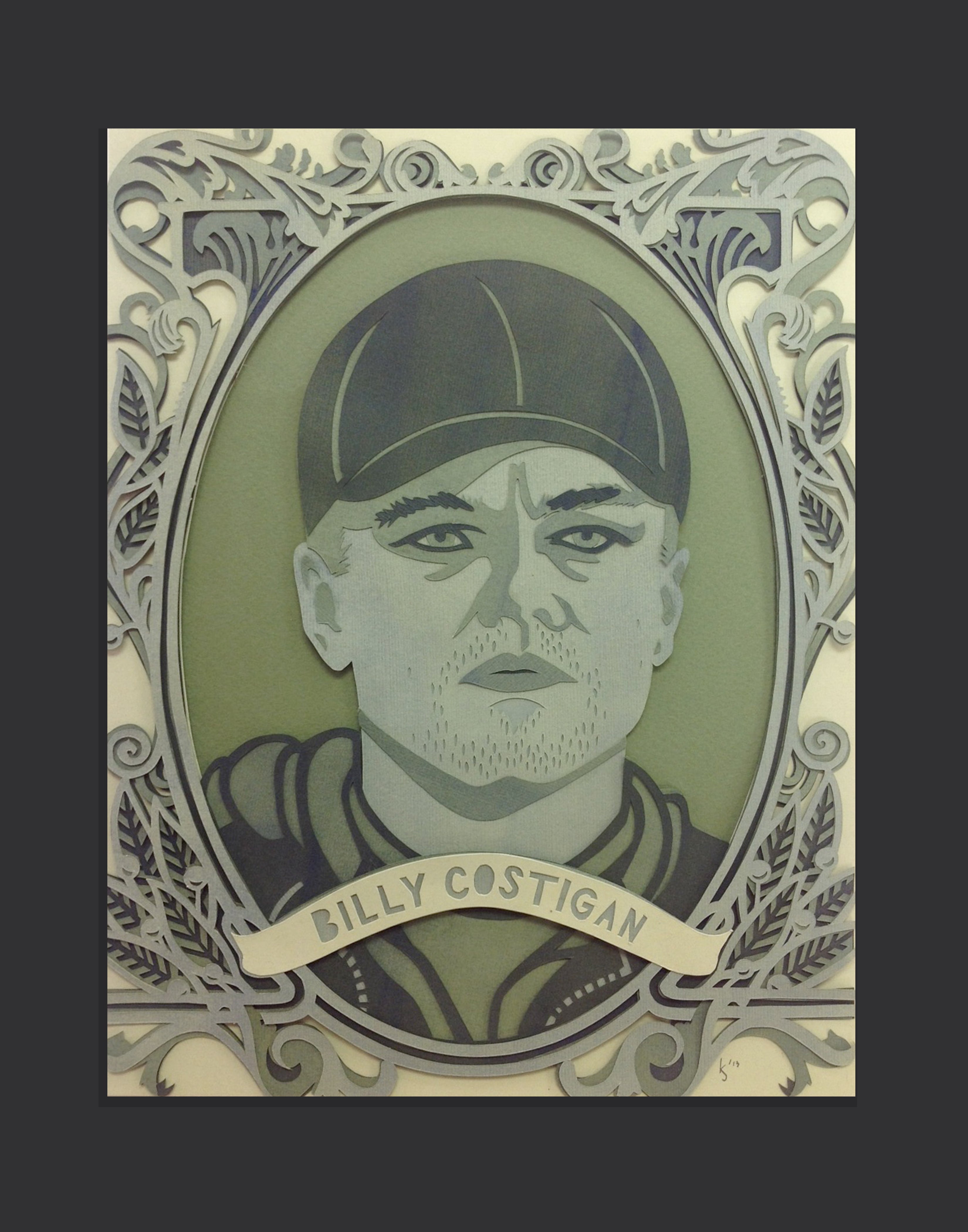 A stylized illustration of a person in a cap, with a serious expression, captures the essence of an Undercover Hero. Framed with ornate designs featuring the name Billy Costigan, it mirrors pieces celebrated at a Scorsese art show, under the brand Kevin J Stanton.