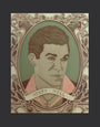 An artistic portrait by Kevin J Stanton features a man with slicked-back hair in a shirt, set in an ornate swirling frame. Exuding the vibe of a Scorsese art show, it features Henry Hill on a banner below. The color palette blends pink, green, and brown.