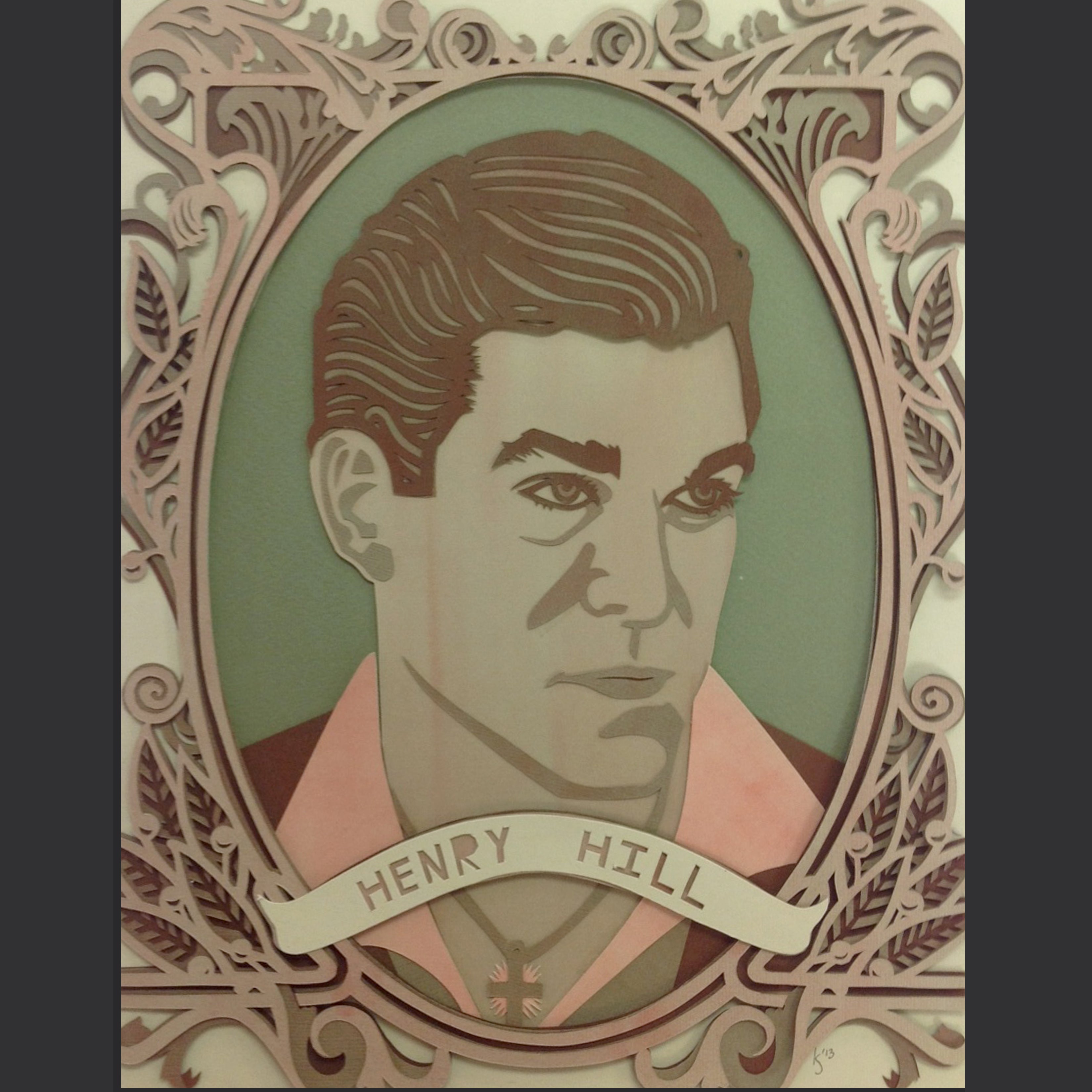 An artistic portrait by Kevin J Stanton features a man with slicked-back hair in a shirt, set in an ornate swirling frame. Exuding the vibe of a Scorsese art show, it features Henry Hill on a banner below. The color palette blends pink, green, and brown.