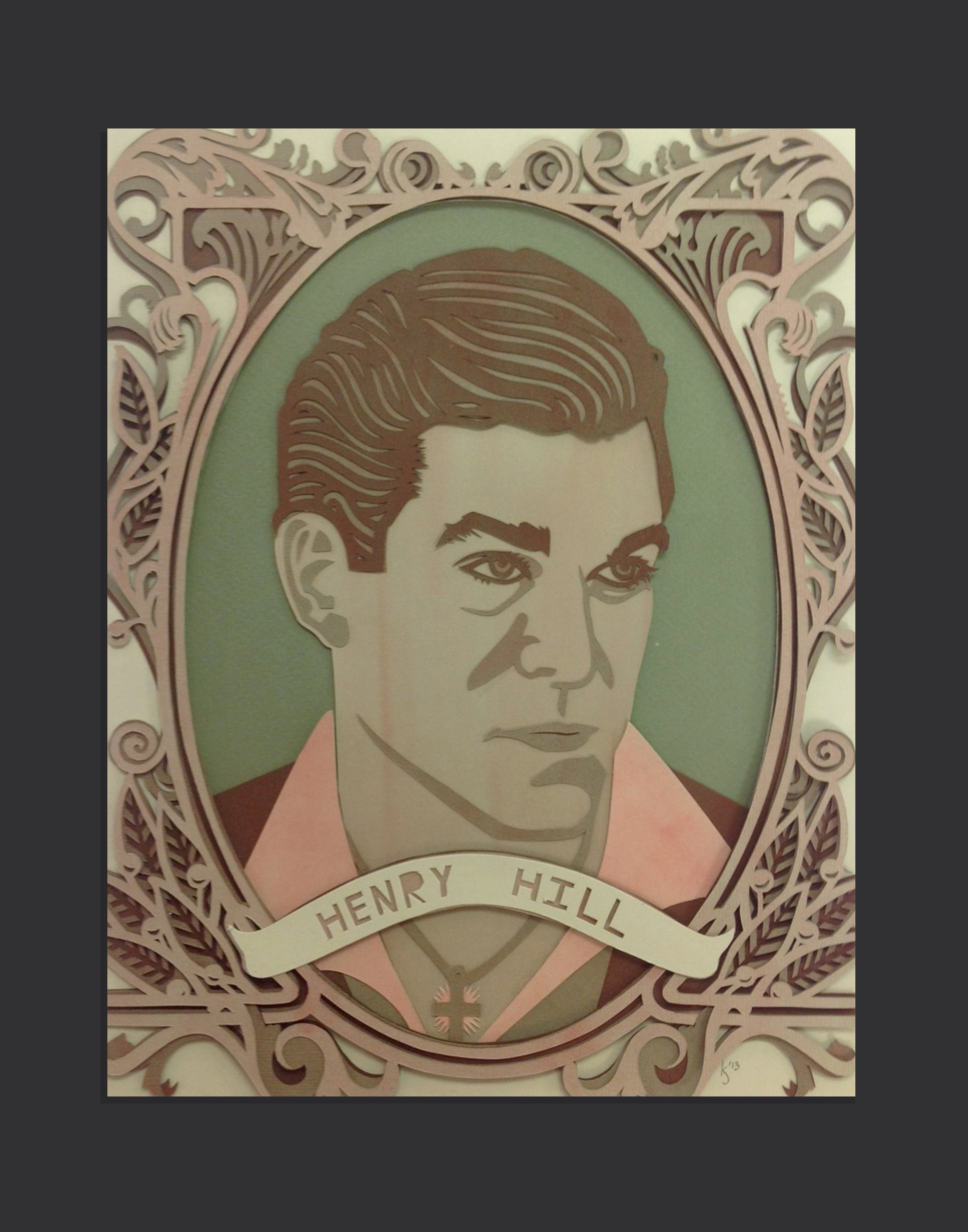 An artistic portrait by Kevin J Stanton features a man with slicked-back hair in a shirt, set in an ornate swirling frame. Exuding the vibe of a Scorsese art show, it features Henry Hill on a banner below. The color palette blends pink, green, and brown.