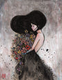 In a Stella Im Hultberg style, the woman stands in profile with flowing black hair over a textured dark dress, holding a colorful bouquet against soft gray hues and paint splatter accents, capturing mixed media arts essence.