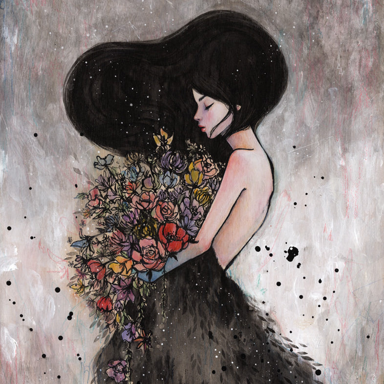 In a Stella Im Hultberg style, the woman stands in profile with flowing black hair over a textured dark dress, holding a colorful bouquet against soft gray hues and paint splatter accents, capturing mixed media arts essence.